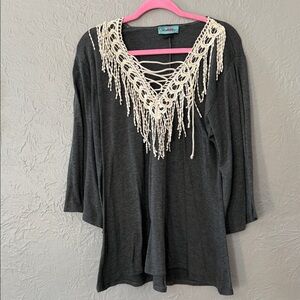 Chic Dark Gray Blouse with Lace Accents